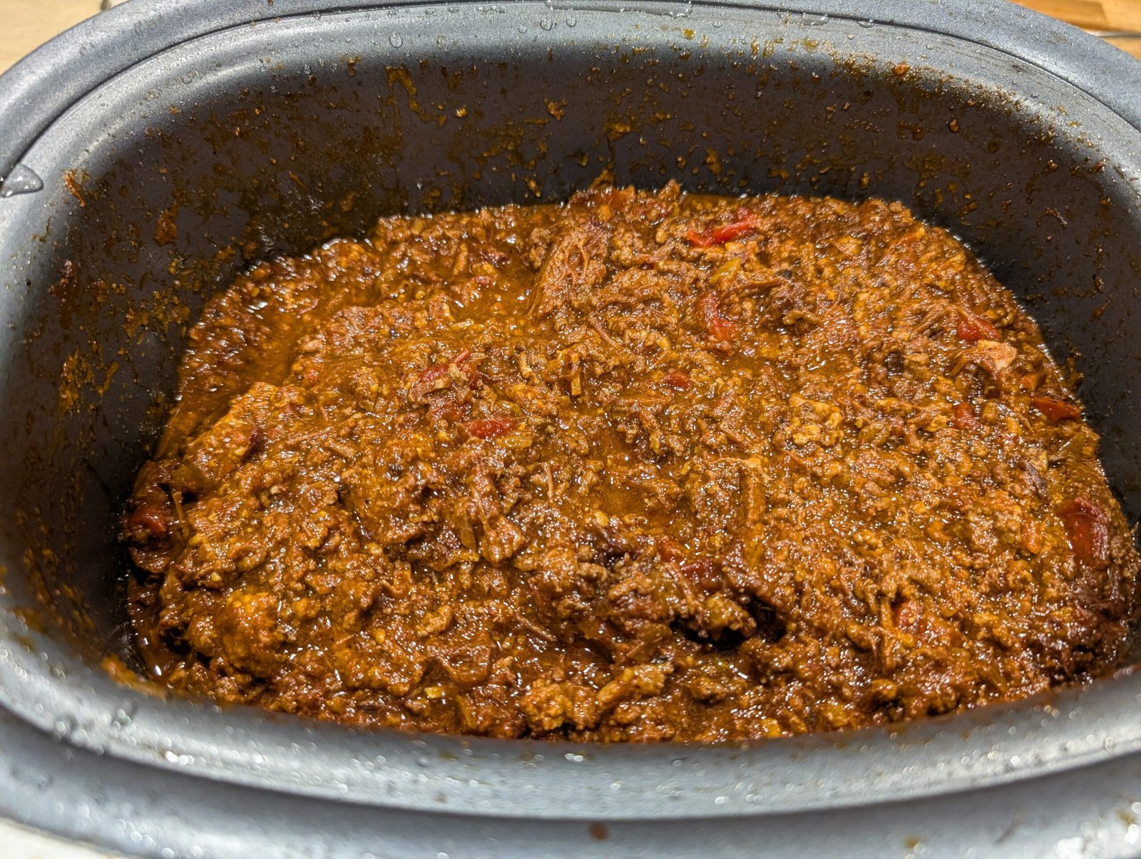 Finished brisket chili in the slow cooker, already half eaten