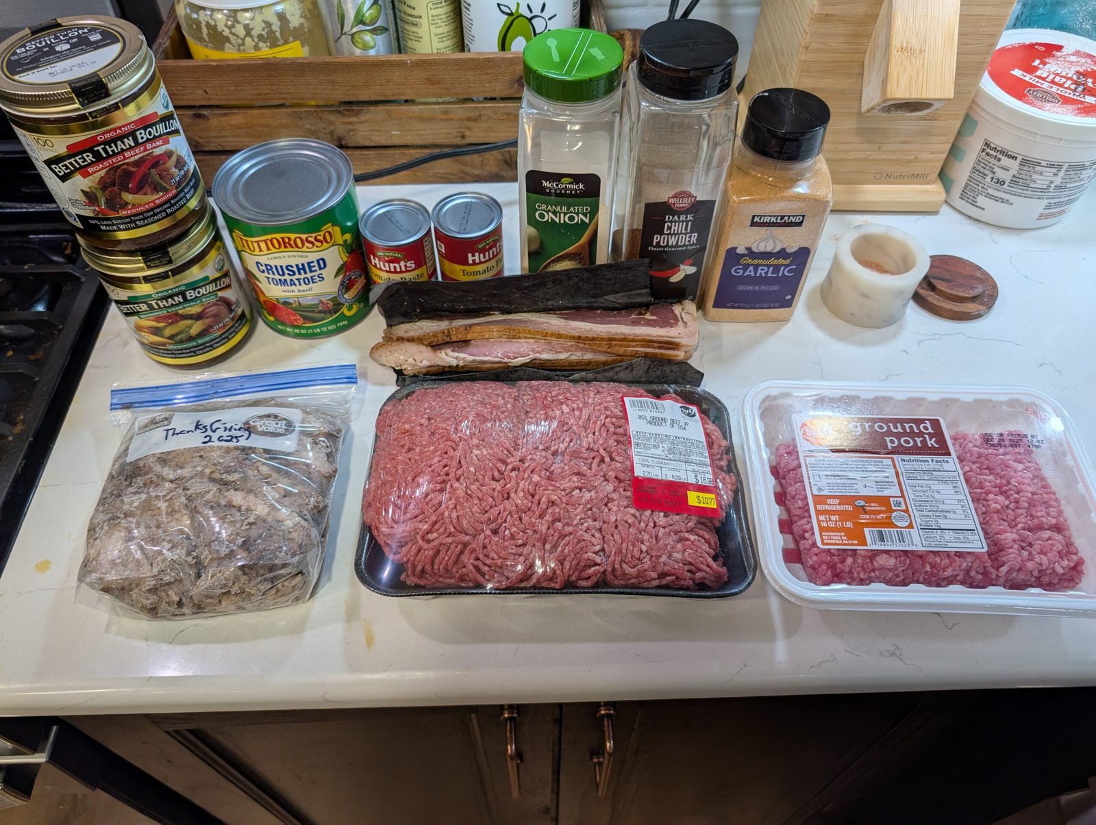 All the brisket chili ingredients laid out on the counter
